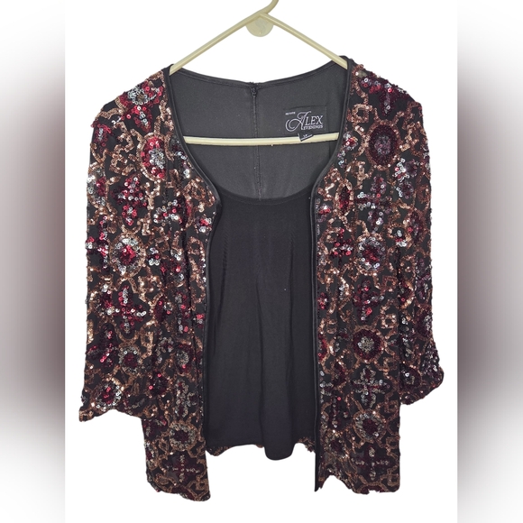 Alex Evenings Tops - Alex Evenings Red Mock Twinset Attached Sequin Jacket Black Cami Size LP